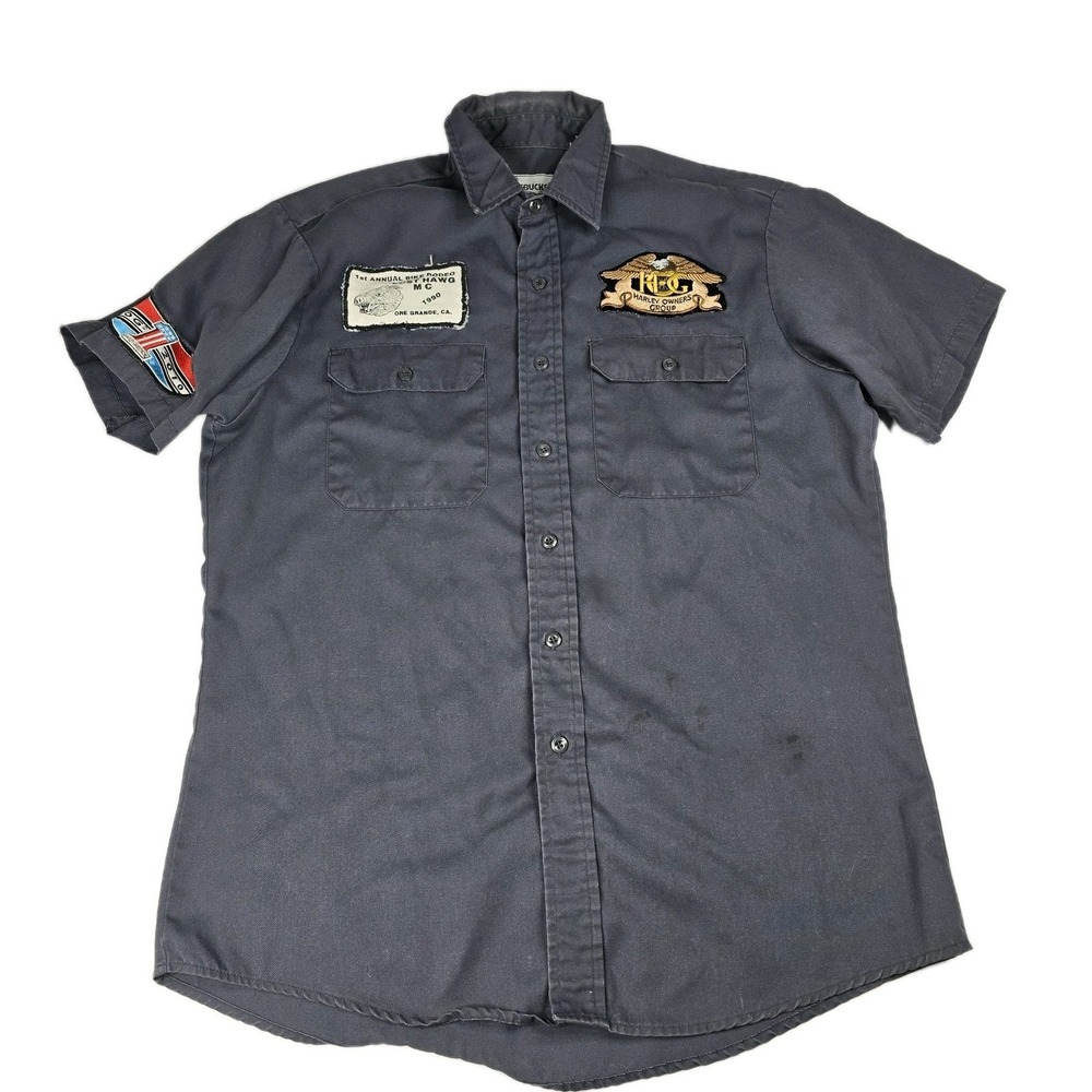 Vtg 90s Roebucks Harley Davidson HOG Biker Work Shirt Patches Mens L XL Faded